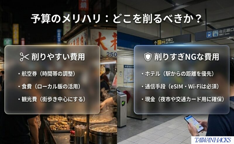航空券、食費、観光費は調整しやすく、ホテル、通信、現金は削りすぎに注意したいことを整理した図。