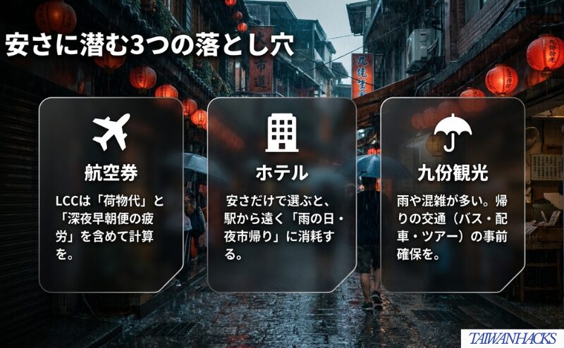 航空券の荷物代、ホテルの駅距離、九份観光の雨や帰路など、安さだけで選ぶと見落としやすい点を整理した図。