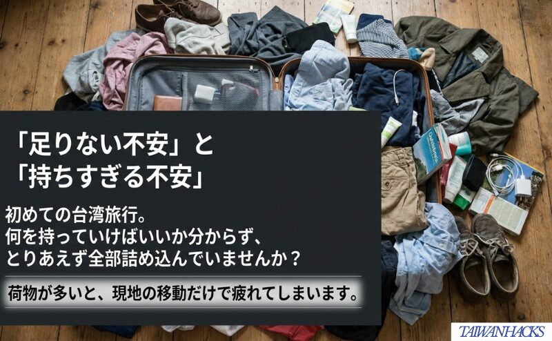 初めての台湾旅行で、荷物が足りない不安と持ちすぎる不安の両方が起こりやすいことを示す図。