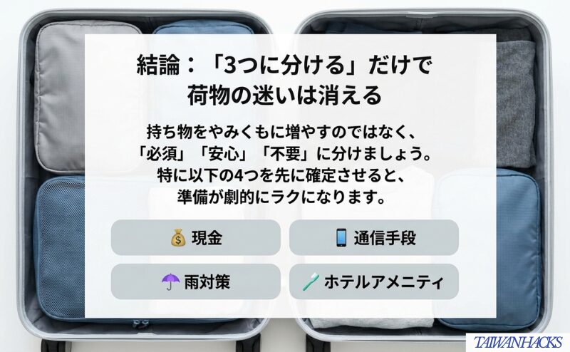 台湾旅行3泊4日の持ち物を、必須・安心・不要に分け、現金・通信手段・雨対策・ホテルアメニティを先に確認する考え方を整理した図。