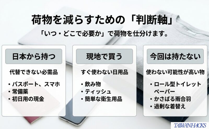 初心者向けの安心版と旅慣れた人向けの最低限版で、バッグ・通信・雨対策・衛生用品の考え方を比較した図。