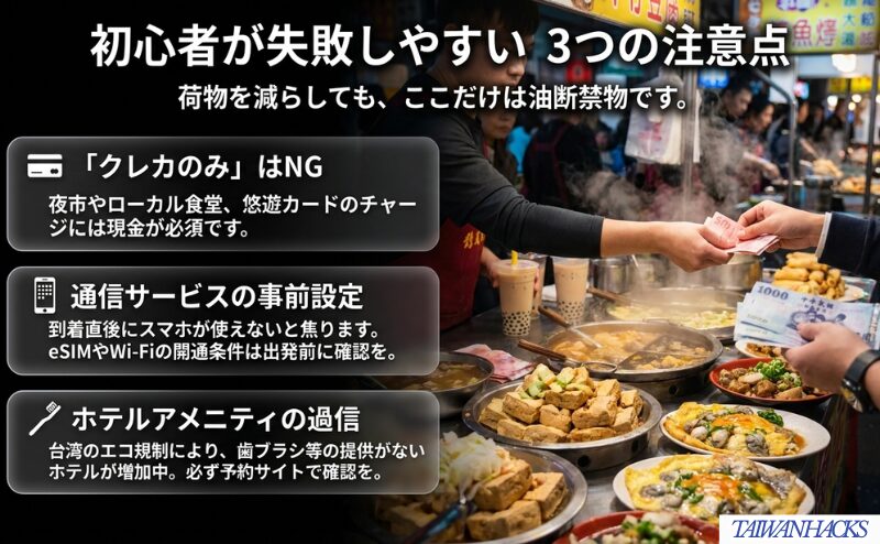 台湾旅行で初心者が見落としやすい、クレカのみの支払い、通信サービスの事前設定、ホテルアメニティ確認を整理した図。