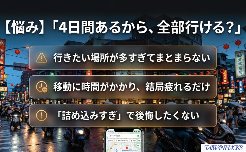 4日間あると思って観光地を増やしすぎると、移動疲れや詰め込みすぎにつながる悩みを整理した図。
