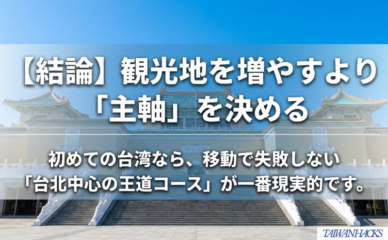 初めての台湾旅行では、観光地を増やすより台北中心の王道コースを主軸にする考え方を示した図。