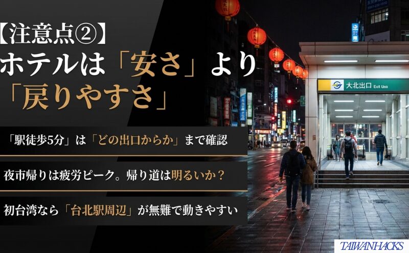 台湾旅行3泊4日のホテル選びで、駅徒歩分数だけでなく出口や夜の帰り道を確認する重要性を整理した図。