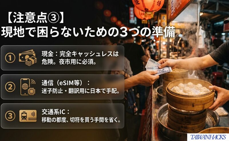 現金、eSIMなどの通信手段、交通系ICを出発前に準備しておく重要性をまとめた図。