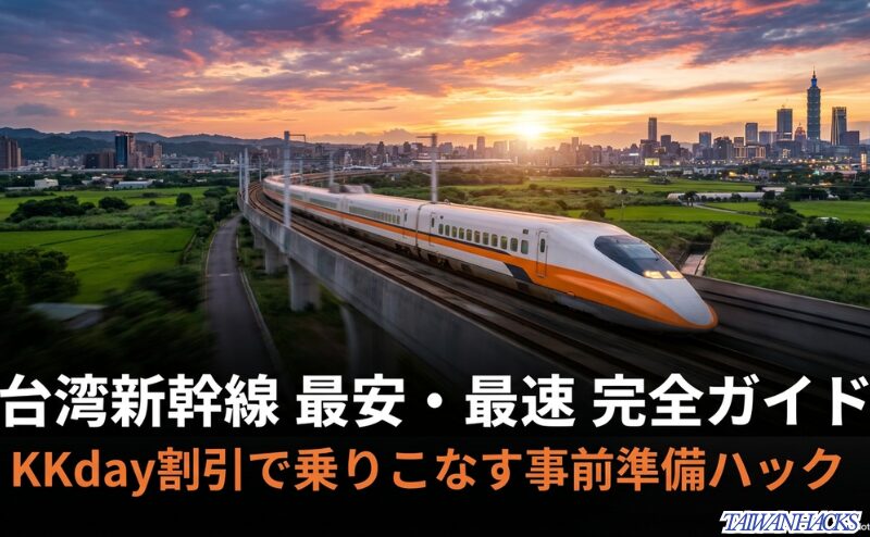 夕焼けの台湾を走る台湾新幹線と、KKday割引で乗りこなす事前準備ハックを示した記事全体の導入スライド