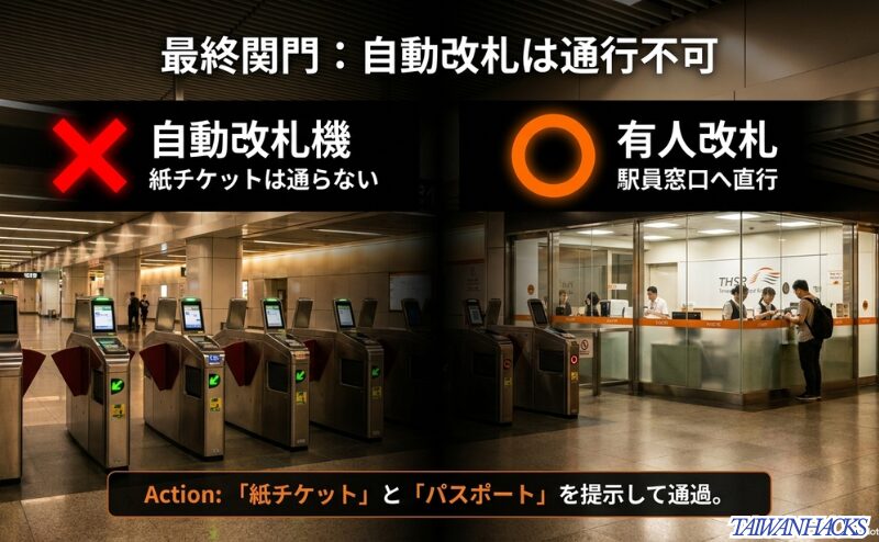 台湾新幹線の紙チケットは自動改札ではなく有人改札を通り、紙チケットとパスポートを提示して通過することを示したスライド