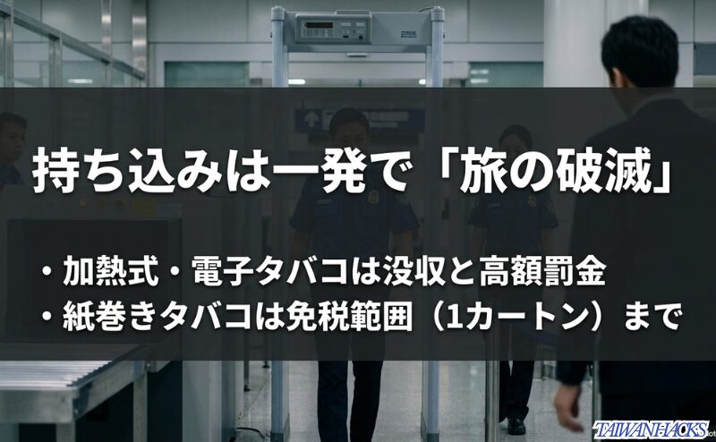 空港税関を背景に、加熱式タバコと電子タバコは没収や高額罰金の対象になると警告するスライド