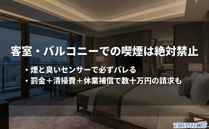 ホテル客室を背景に、客室やバルコニーでの喫煙は禁止で罰金や清掃費の請求リスクがあると示すスライド