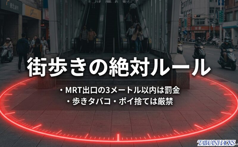 MRT出口前を背景に、MRT出口3メートル以内は罰金対象で歩きタバコやポイ捨ては厳禁と示すスライド