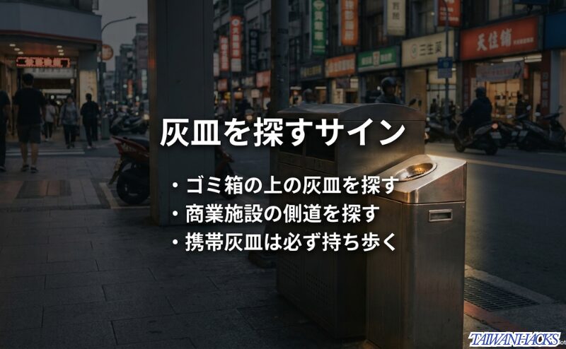 台北の街中にあるゴミ箱型灰皿を背景に、ゴミ箱の上や商業施設の側道で灰皿を探す方法を示すスライド
