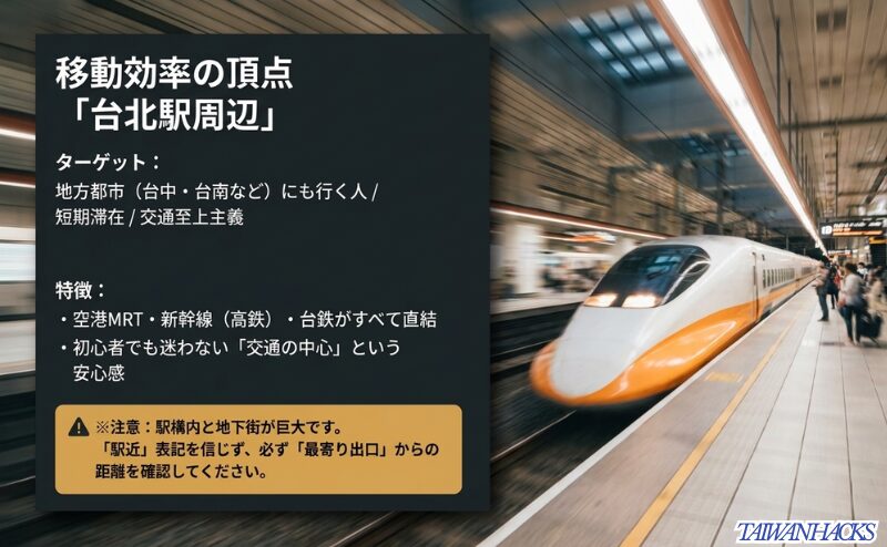 台北駅周辺は空港MRT・新幹線・台鉄が直結し、地方都市への移動や短期滞在に便利な一方、駅構内と地下街が広い点に注意が必要と示したスライド。