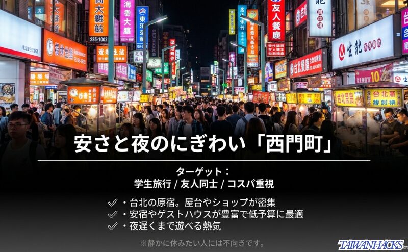 西門町は学生旅行や友人同士、コスパ重視の旅行に向き、台北の原宿のようなにぎわいと安宿の多さが魅力だが、静かに休みたい人には不向きと説明したスライド。