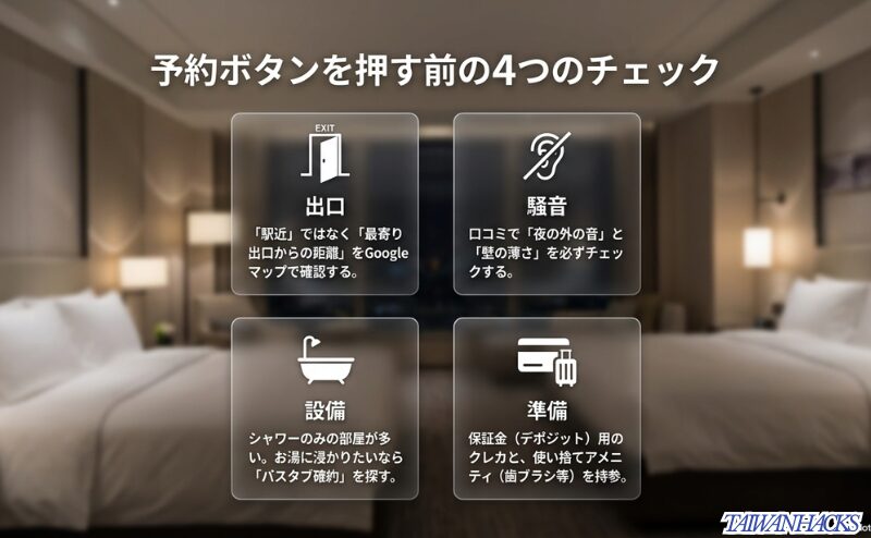 台北ホテルを予約する前に、最寄り出口からの距離、夜の騒音、バスタブなどの設備、デポジットやアメニティ準備を確認するべきと示したスライド。