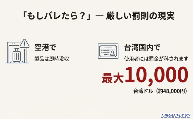 台湾で電子タバコを持ち込んだ際の空港での即時没収や、使用時の最大1万台湾ドルの罰金リスクについての解説図