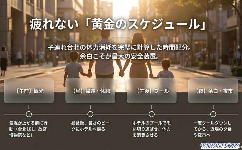 午前は観光、昼は帰着と休憩、午後はホテルプール、夜は余白や夜市にする子連れ台北旅行の時間配分を示したスライド