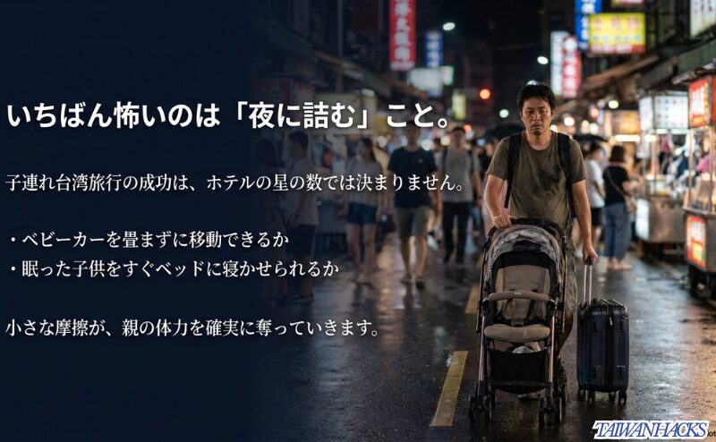 夜の台北でベビーカーとスーツケースを押す親の姿から、子連れホテル選びでは夜の移動と寝かしつけ動線が重要だと示すスライド