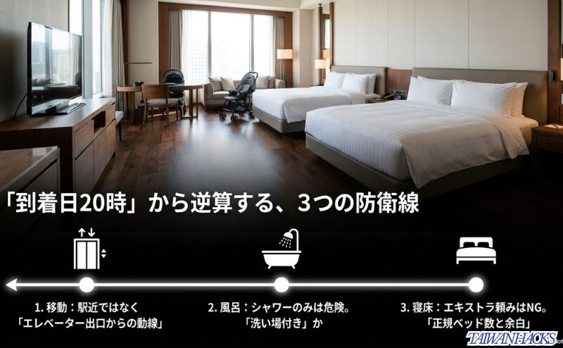 子連れ台湾旅行の到着日20時を想定し、移動、風呂、寝床の3つの防衛線からホテルを選ぶ考え方を示すスライド