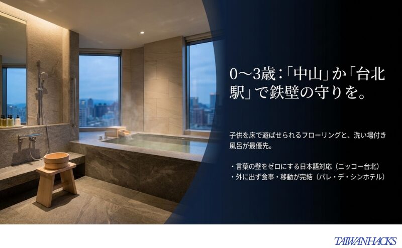 0〜3歳の乳幼児連れには中山の日系ホテルや台北駅周辺のホテルが向いていることを、洗い場付き風呂の写真とともに示すスライド