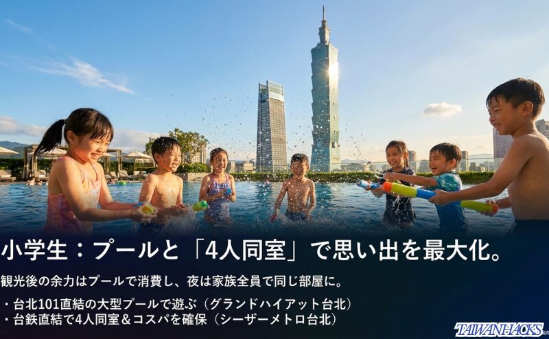 台北101を望むプールで遊ぶ子供たちの写真とともに、小学生連れはプールと4人同室を重視すべきことを示すスライド