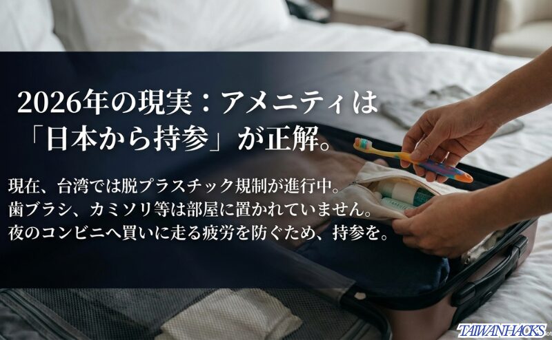 台湾ホテルの脱プラスチック規制により歯ブラシやカミソリなどを日本から持参する重要性を示すスライド