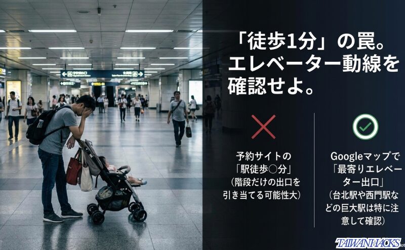 台北駅や西門駅で予約サイトの駅徒歩分数だけでなく、Googleマップで最寄りエレベーター出口を確認すべきことを示すスライド