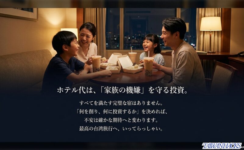 ホテルの部屋で家族がテイクアウトを囲む様子と、ホテル代は家族の機嫌を守る投資だと伝える締めのスライド