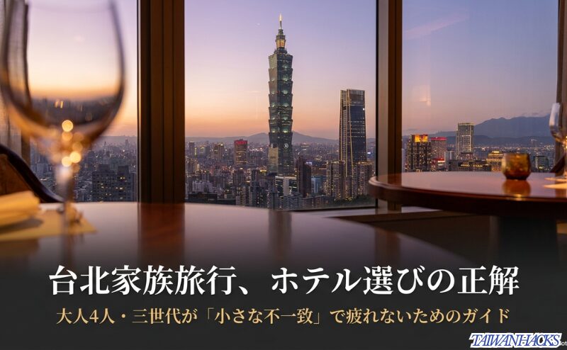 台北101を望むホテルの窓辺を背景に、台北家族旅行のホテル選びの正解を示したスライド