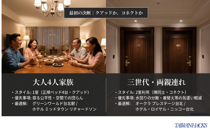 大人4人家族はクアッド、三世代や両親連れはコネクトや2室利用が向くことを比較したスライド