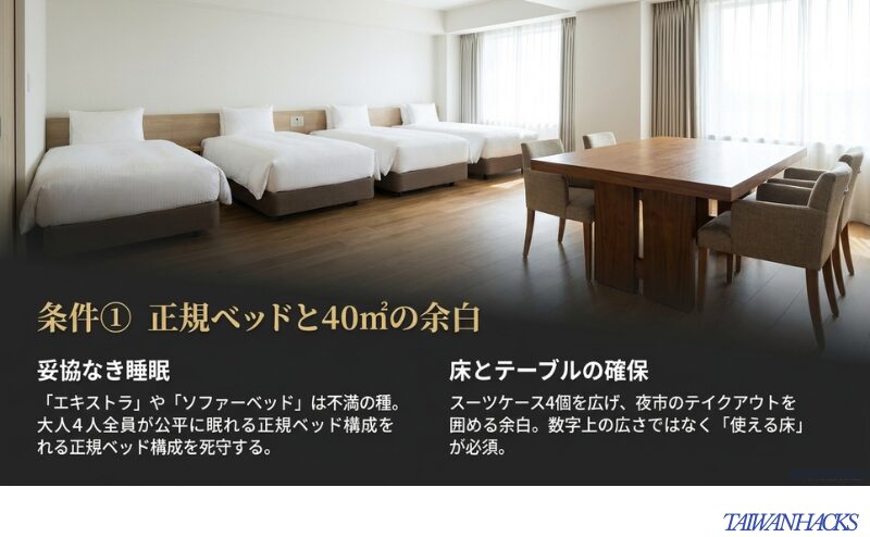 4台のベッドと大きなテーブルのある客室を背景に、正規ベッドと40㎡前後の余白が重要だと示したスライド