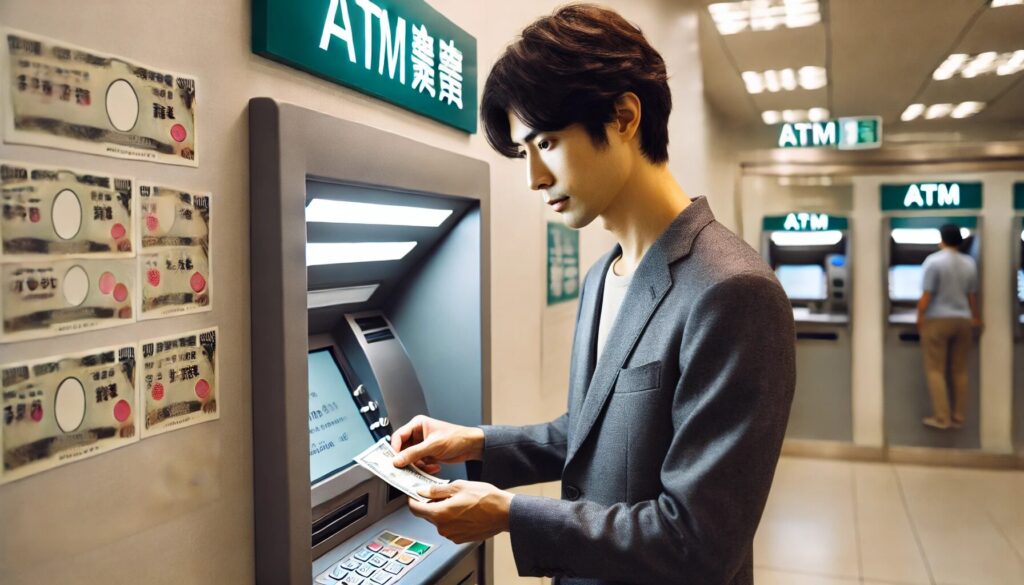 ATMで台湾ドルを引き出す様子