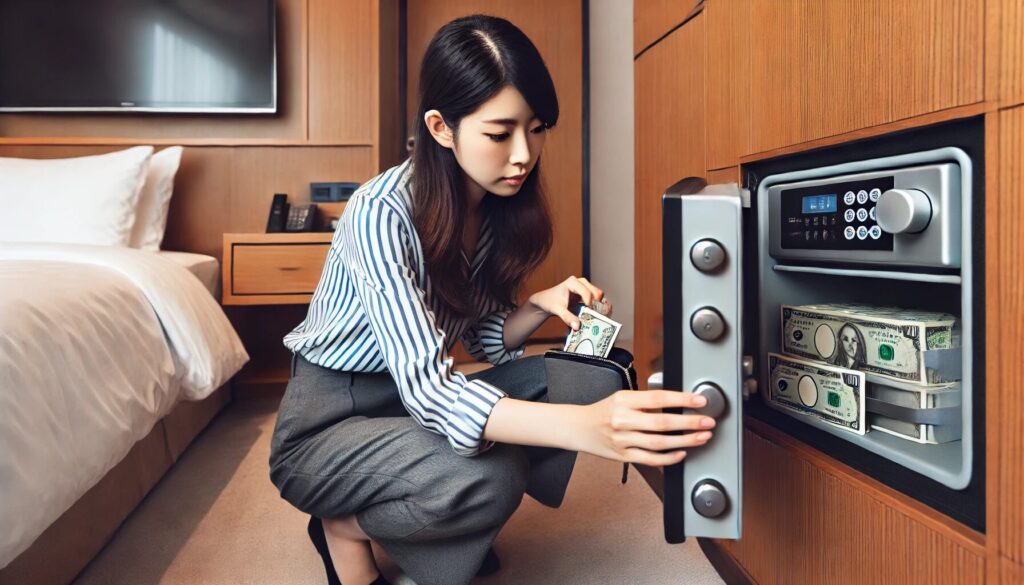 ホテルのセーフティボックスに現金を保管している場面