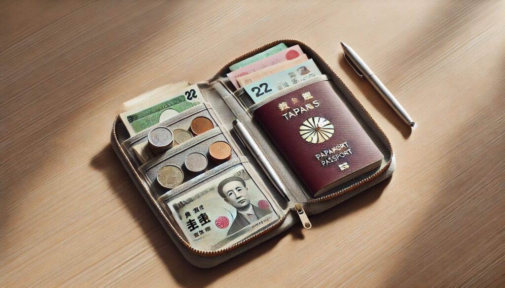 旅行用ポーチに現金を整理している様子