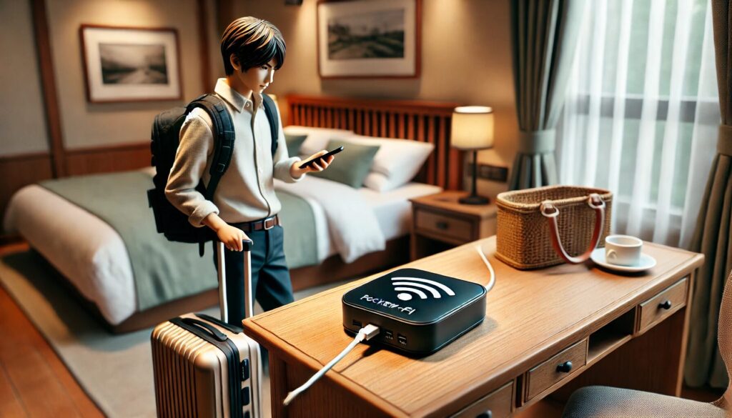 ホテルでWi-Fi端末を充電している様子