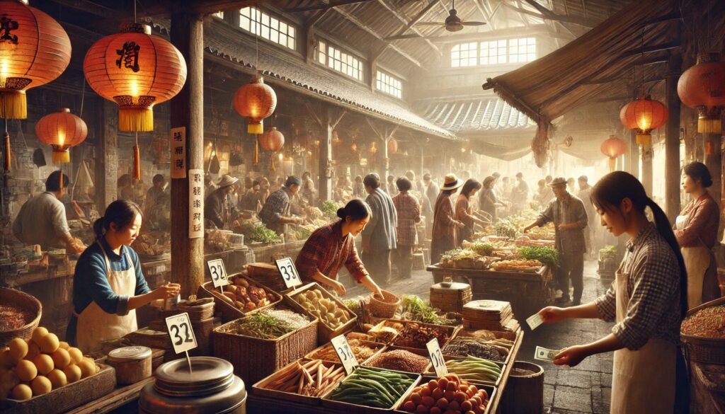 台湾の市場で現金で支払いをする様子