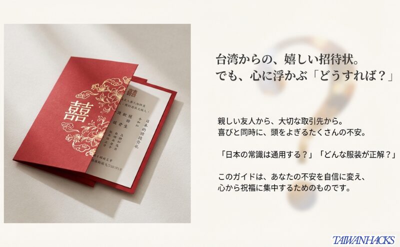 台湾結婚式マナー完全ガイドの表紙スライド。「囍」の文字と招待状のイメージイラスト