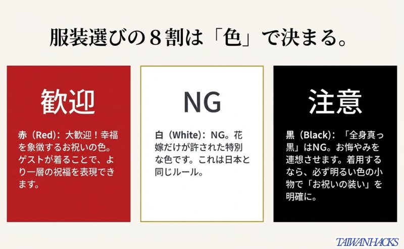 台湾結婚式の服装マナーにおける色のルール。赤は歓迎、白と全身黒はNGであることを示した図解