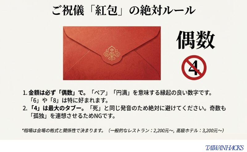 赤い封筒（紅包）のイラスト。金額は偶数にし、「4」や奇数を避けるべきというマナーを解説したスライド