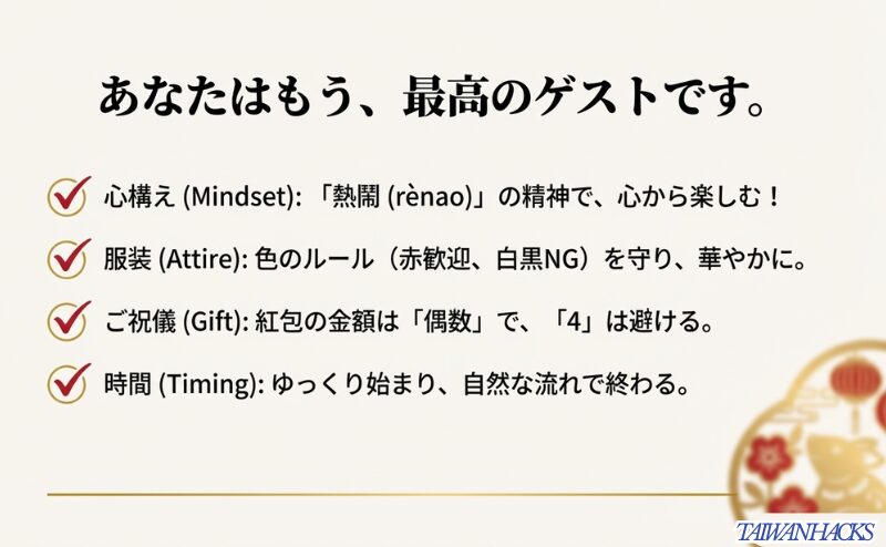 心構え、服装、ご祝儀、時間の4項目について、台湾結婚式参加前に確認すべきポイントをまとめたチェックリスト