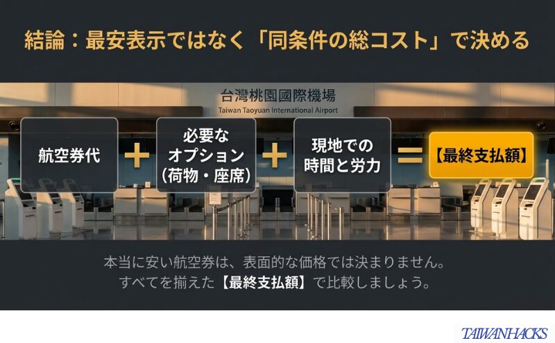航空券代に荷物や座席などの必要条件と現地で使う時間を加え、表面価格ではなく総コストで判断する考え方を示した図。