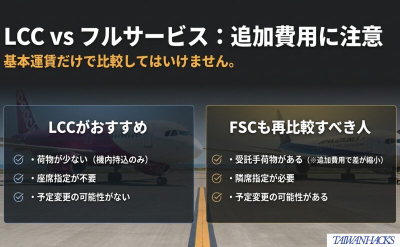 荷物が少なく座席指定や変更が不要な場合と、受託手荷物や隣席、変更条件が必要な場合の比較軸を整理した図。