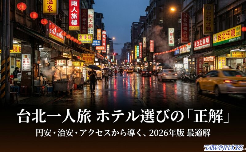 雨の台北の夜景を背景に、台北一人旅のホテル選びは円安・治安・アクセスから考えるべきだと示す表紙スライド