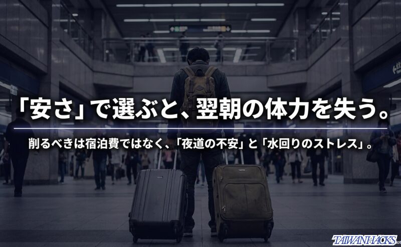 台北駅のような地下空間で荷物を持つ旅行者を背景に、安さだけでホテルを選ぶと翌朝の体力を失うと警告するスライド