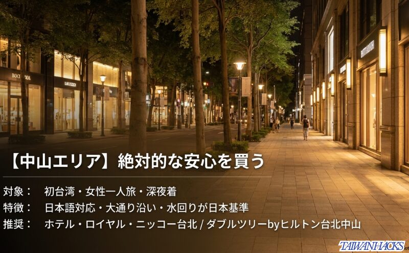 夜でも明るい中山エリアの通りを背景に、初台湾や女性一人旅には日本語対応や大通り沿いのホテルが向くと示すスライド