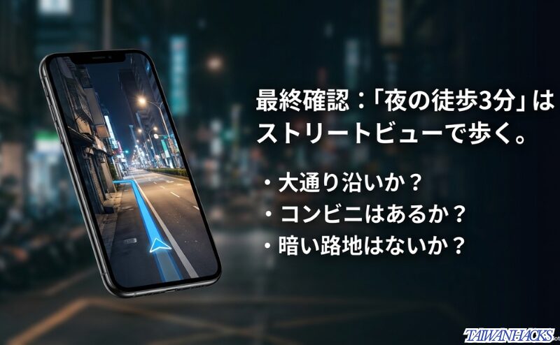 スマートフォンの地図画面を背景に、ホテルまでの夜道が大通り沿いか、コンビニがあるか、暗い路地がないかを確認するスライド