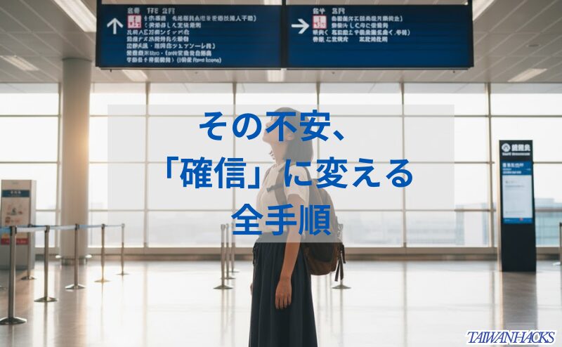 台湾の空港に到着し、これから始まる一人旅に少し不安げな表情を浮かべる日本人女性旅行者