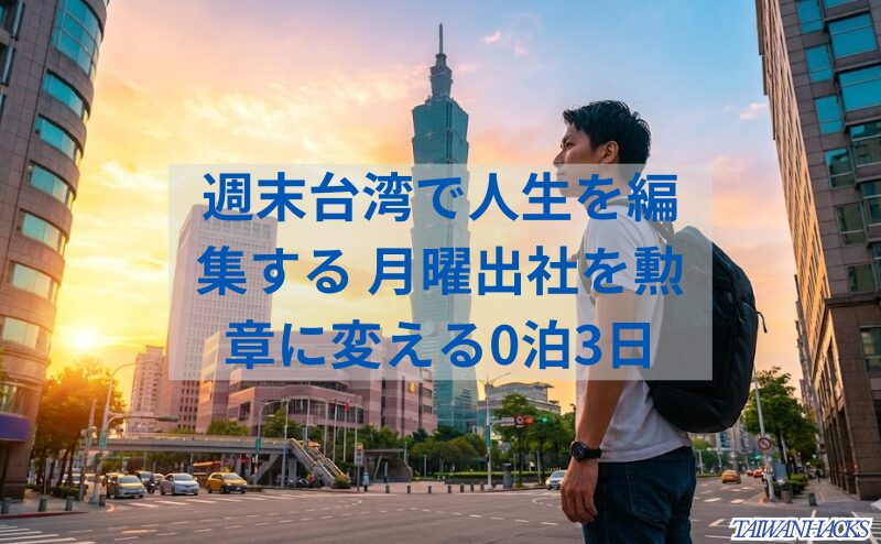 朝焼けに輝く台北101と街並みを背景に、バックパックを背負って旅の始まりを楽しむ日本人男性