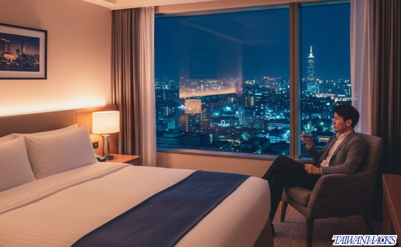 台湾一人旅の快適プランで利用する、夜景の見えるモダンなホテルの部屋