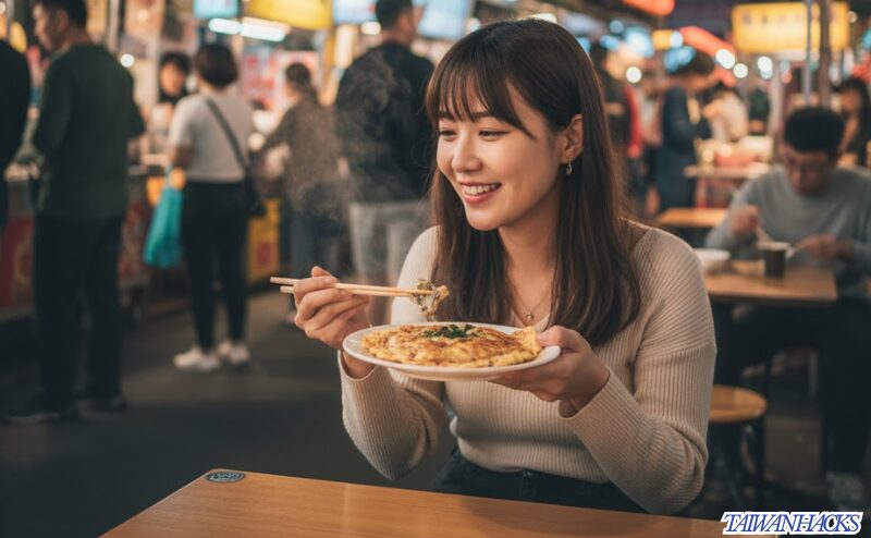 台湾の夜市で、一人の日本人女性がイートイン席で安心して食事を楽しんでいる様子